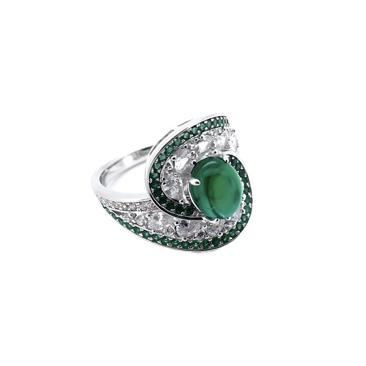 S925 Sterling Silver Emerald Ring Sugarloaf Cabochon Full Diamond Design, Premium - Photo 2