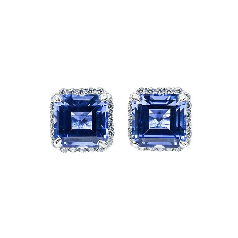 Lab Sapphire Stud Earrings S925 Silver Square 4-Claw Frame, Gemstone - Photo 5