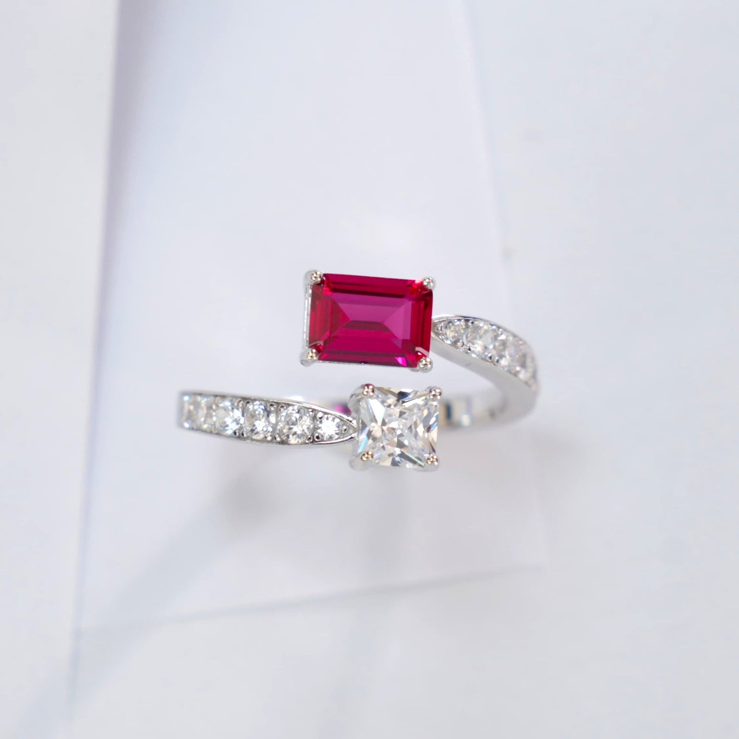 925 Sterling Silver Lab Ruby Emerald-Cut Ring - Photo 2