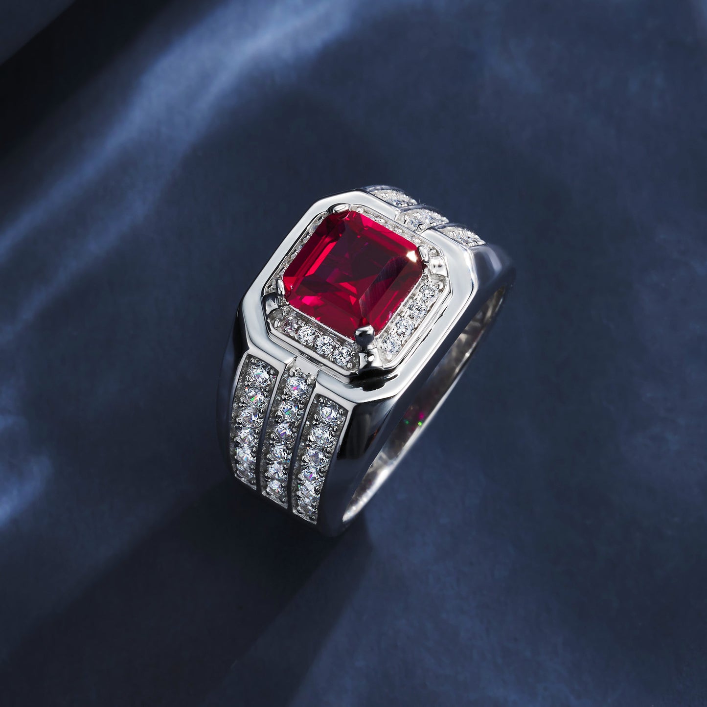 925 Sterling Silver Lab Ruby Men's Pave Square Ring - Photo 6
