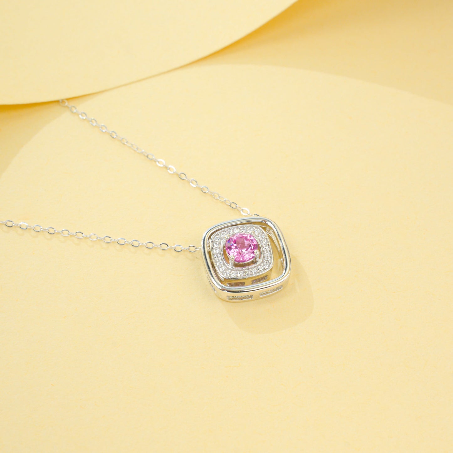 925 Sterling Silver Lab Padparadscha Square Pave Choker Necklace, Gentle - Photo 3