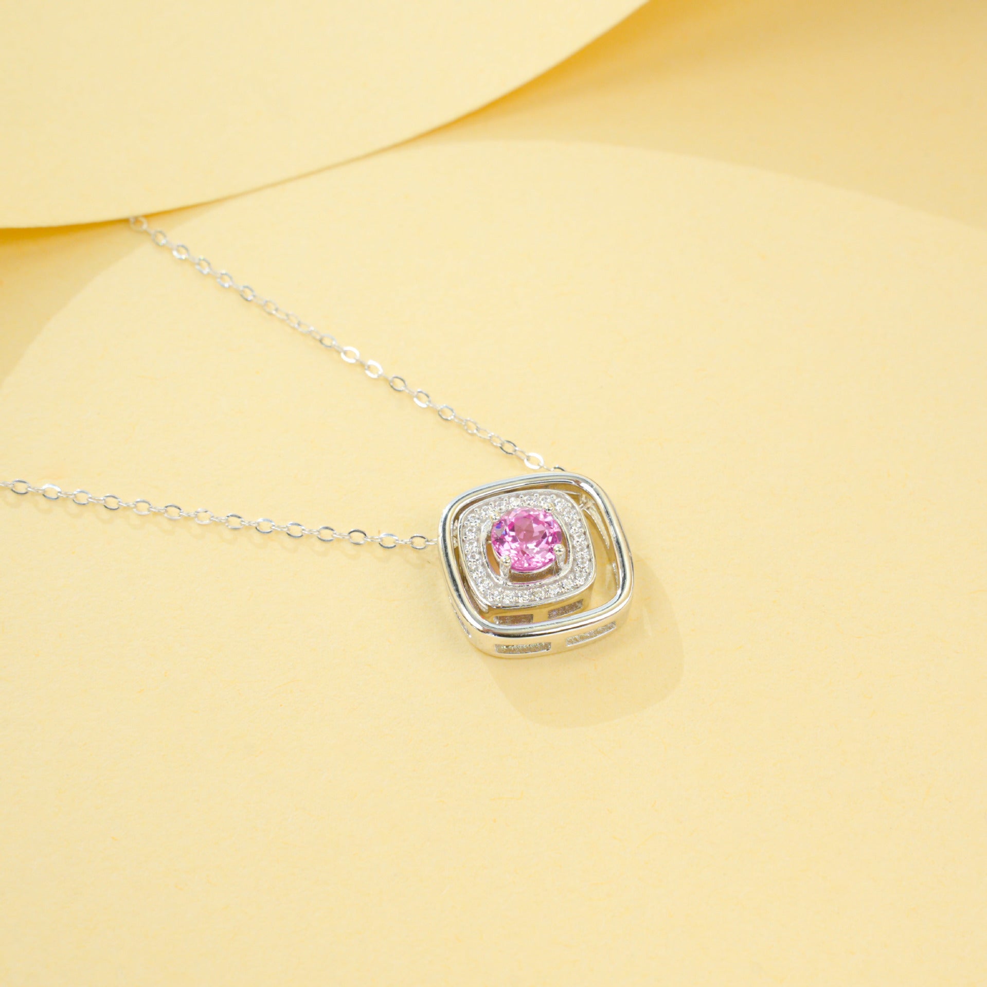 925 Sterling Silver Lab Padparadscha Square Pave Choker Necklace, Gentle - Photo 3