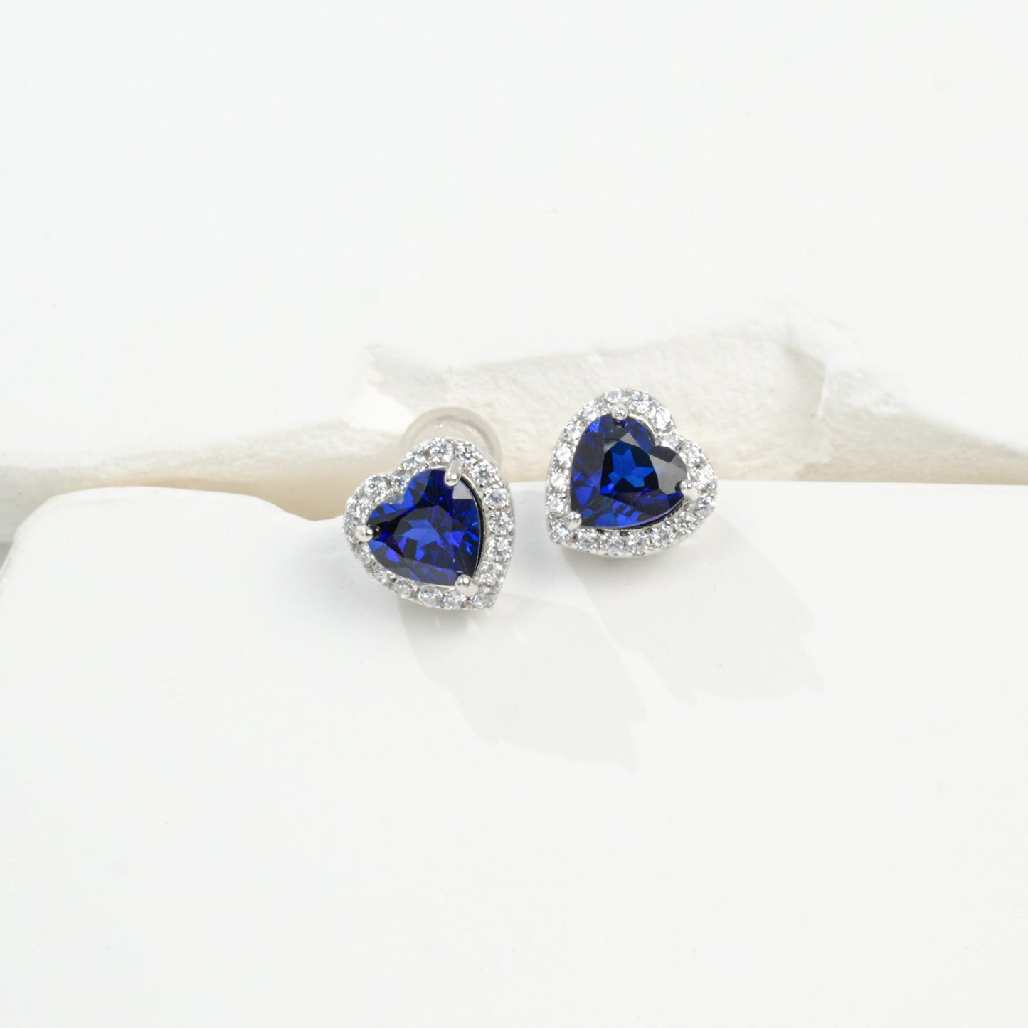 S925 Silver Heart Lab Sapphire Stud Earrings, Love Full Diamond - Photo 2