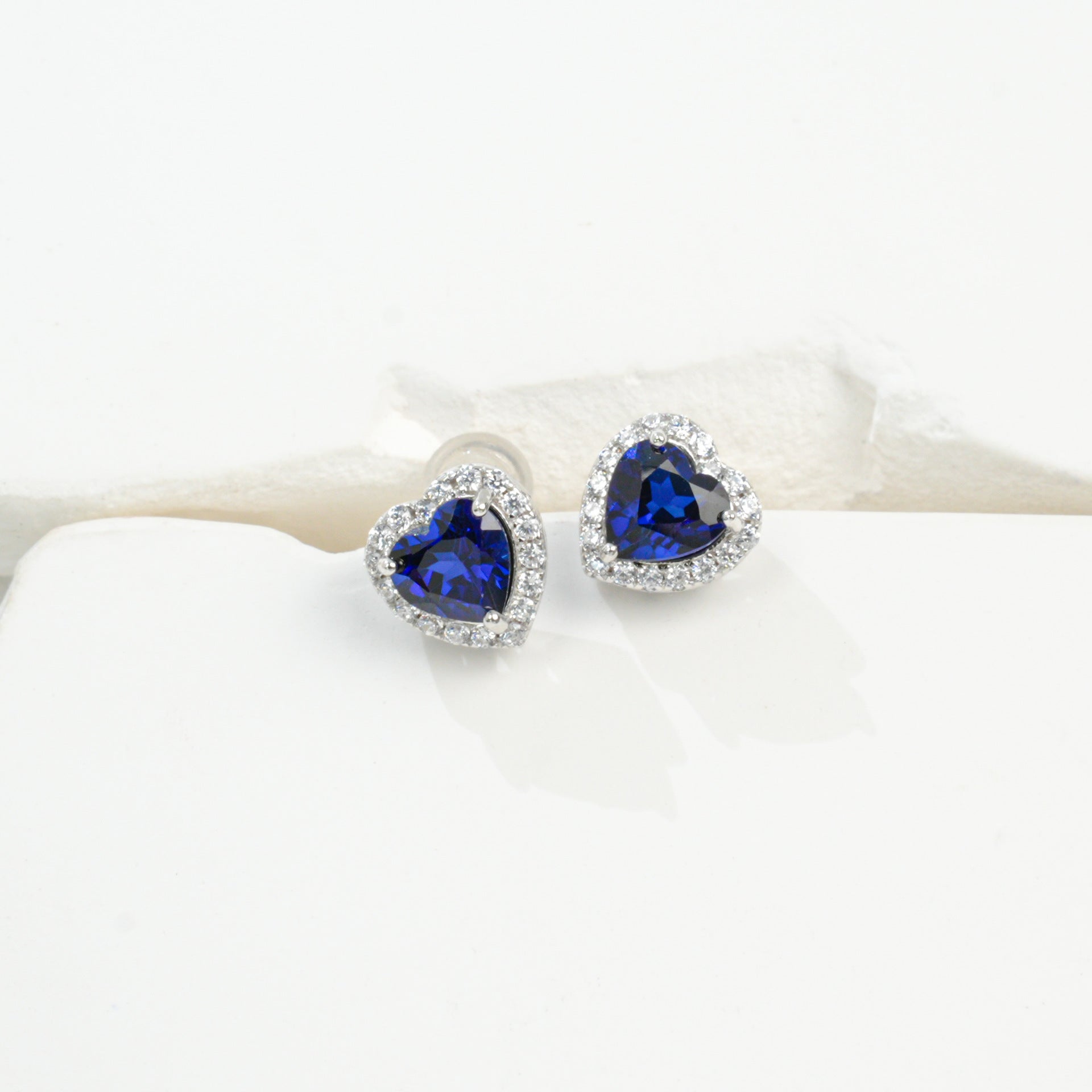 S925 Silver Heart Lab Sapphire Stud Earrings, Love Full Diamond - Photo 2