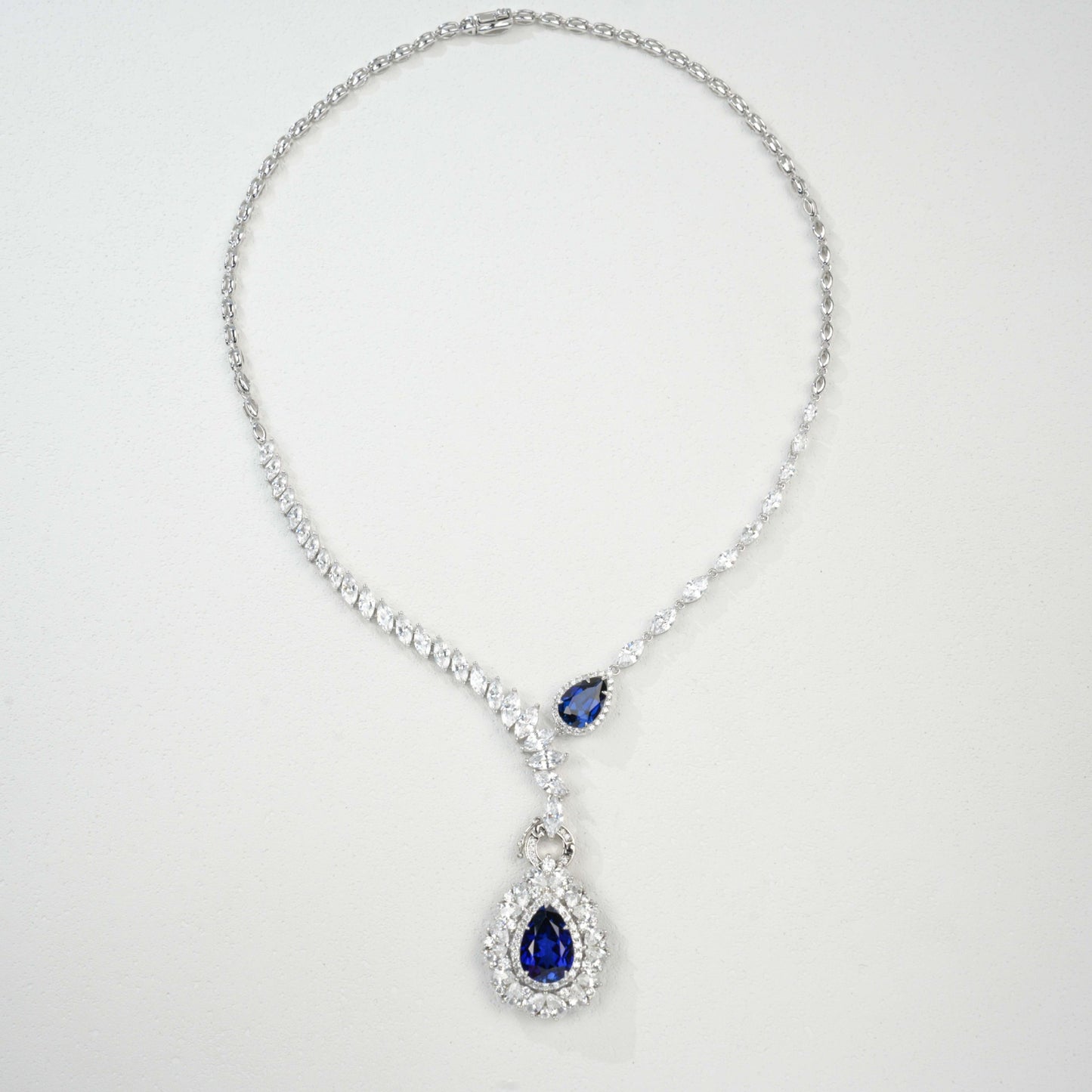 S925 Sterling Silver Lab Sapphire Teardrop Heavy Pave Necklace, Premium Gown - Photo 5
