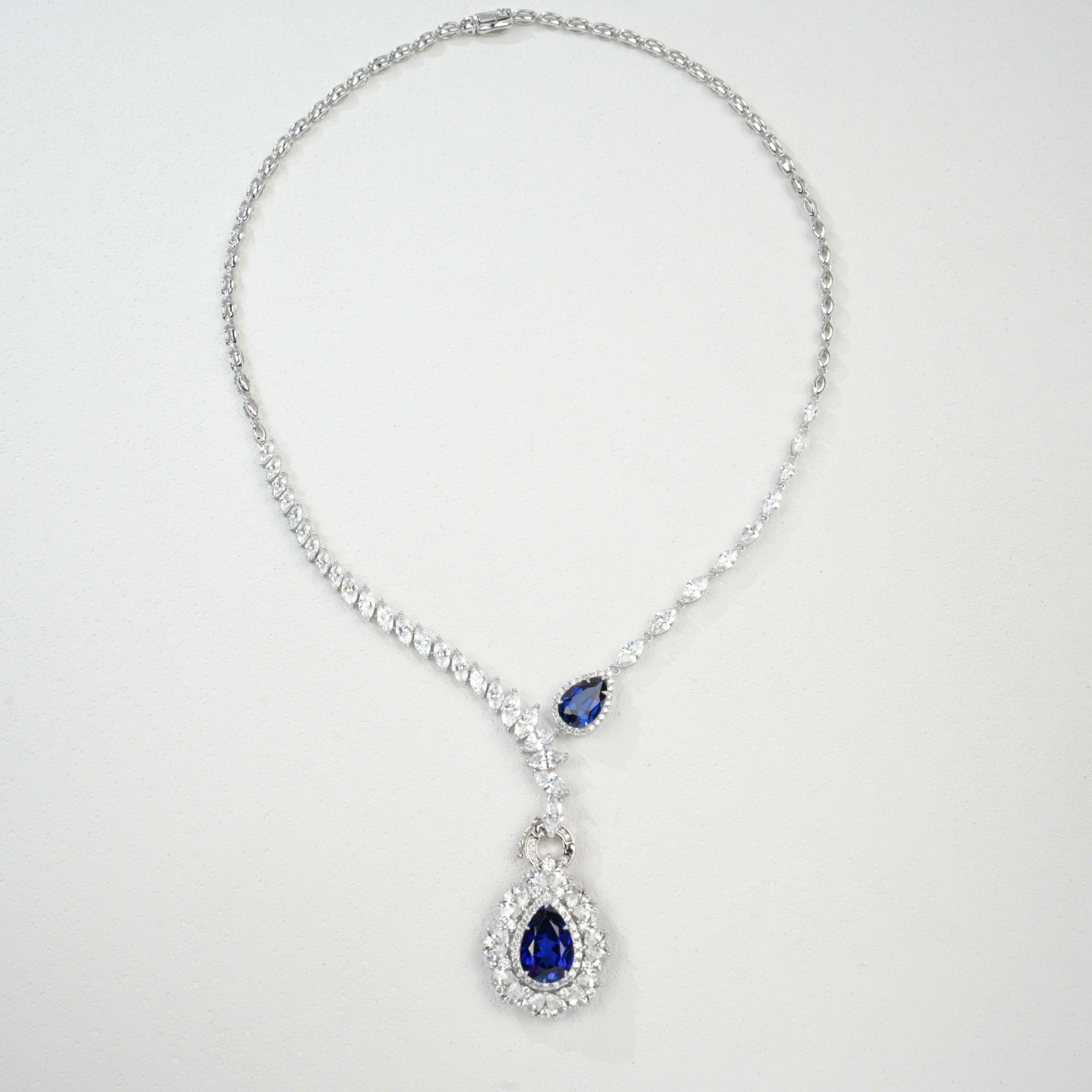S925 Sterling Silver Lab Sapphire Teardrop Heavy Pave Necklace, Premium Gown - Photo 5