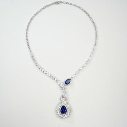S925 Sterling Silver Lab Sapphire Teardrop Heavy Pave Necklace, Premium Gown - Photo 5