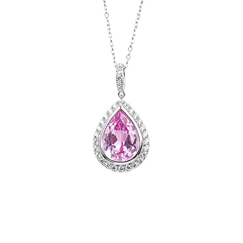 S925 Silver Pear Teardrop Lab Pink Gemstone Full-Halo Pendant Necklace, Birthday Gift - Photo 5