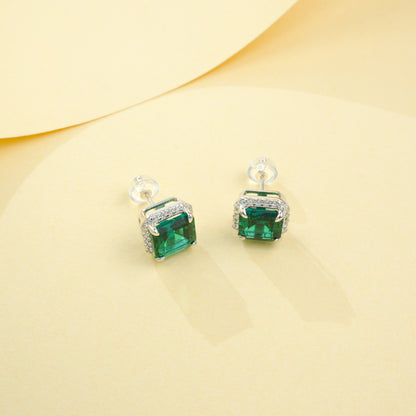 S925 Silver Square Cushion Lab Emerald Diana Halo Stud Earrings, Birthday Gift - Photo 3