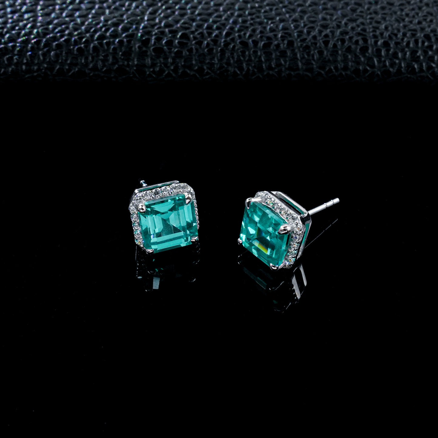 S925 Silver Cushion Square Lab Paraiba Tsavorite Full Diamond Halo Stud Earrings, Fresh Gentle - Photo 3