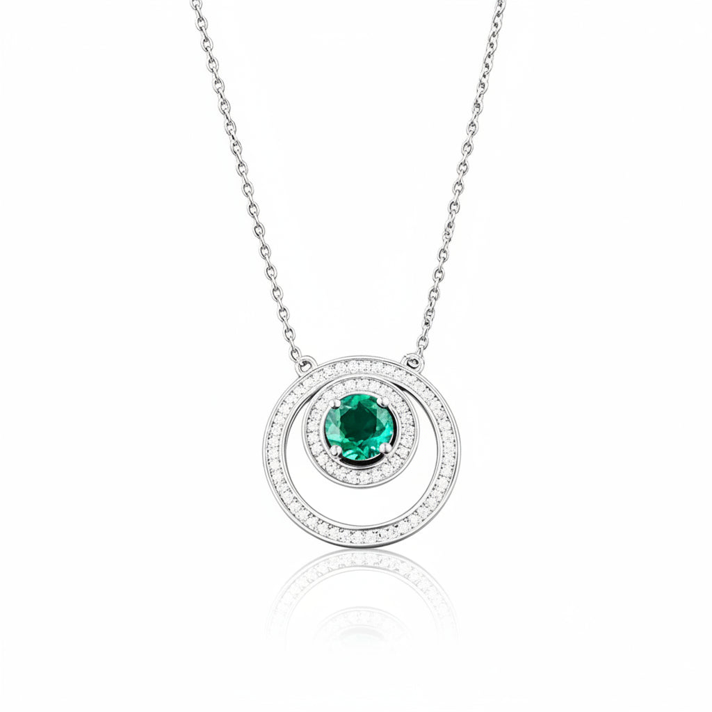 925 Sterling Silver Lab Emerald Double-Ring Starburst Necklace, French Gift - Photo 1