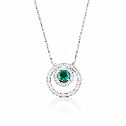 925 Sterling Silver Lab Emerald Double-Ring Starburst Necklace, French Gift - Photo 1