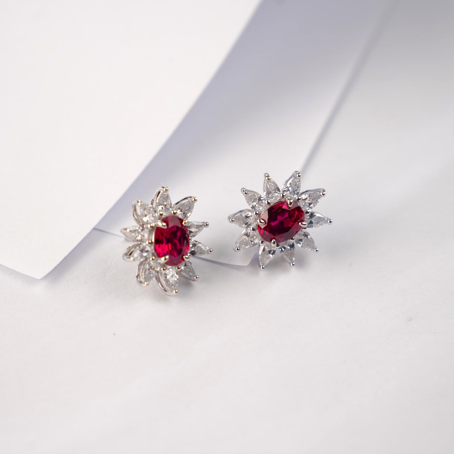 S925 Sterling Silver Lab Pigeon Blood Ruby Sunflower colourful Halo Stud Earrings, Premium for Women - Photo 2