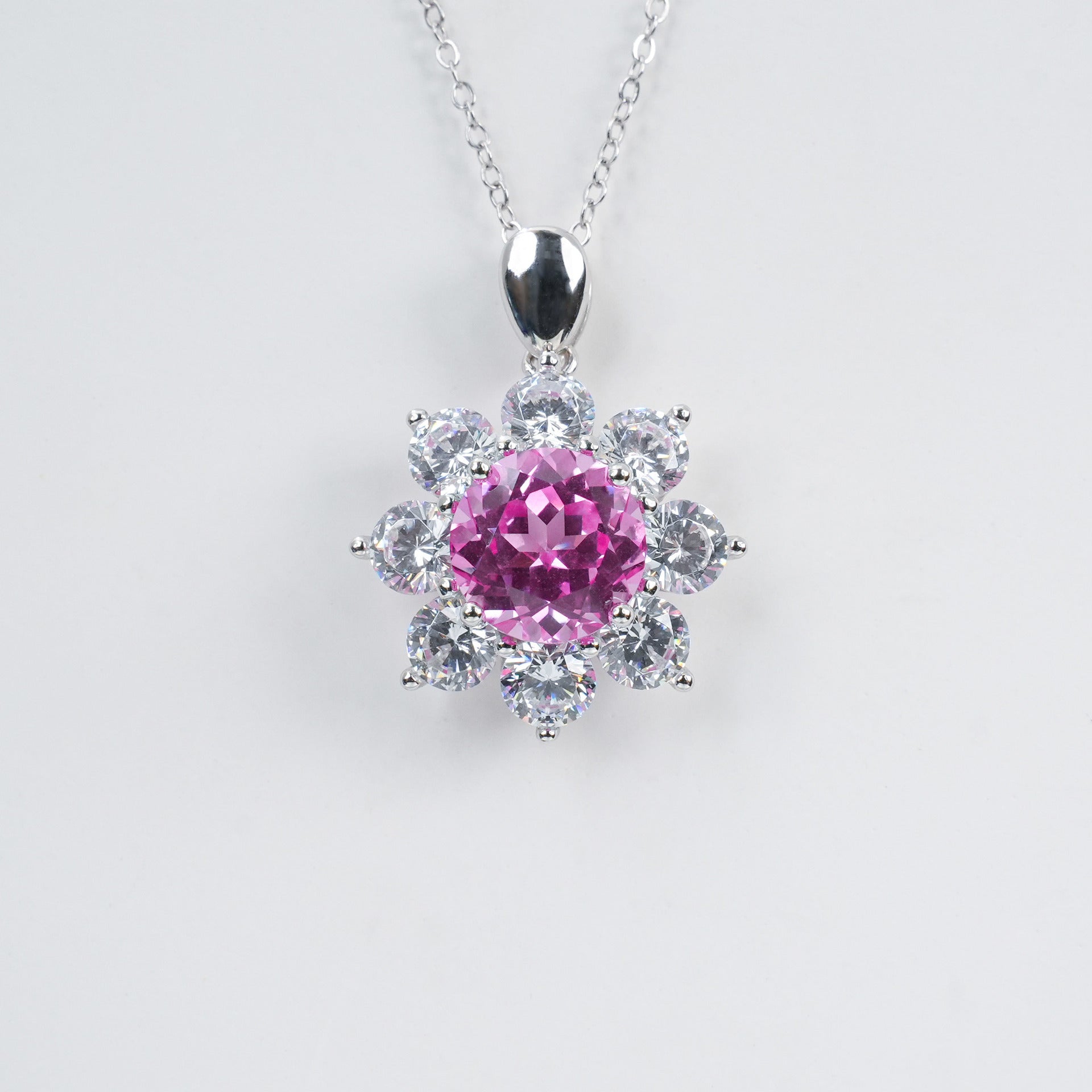 S925 Silver Sunflower Lab Pink Sapphire Necklace, Party Pendant Birthday - Photo 2