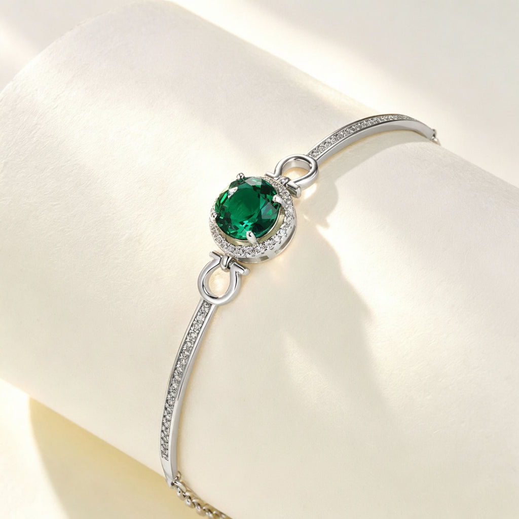S925 Sterling Silver Round Halo Emerald Bracelet, Simple Versatile - Photo 1