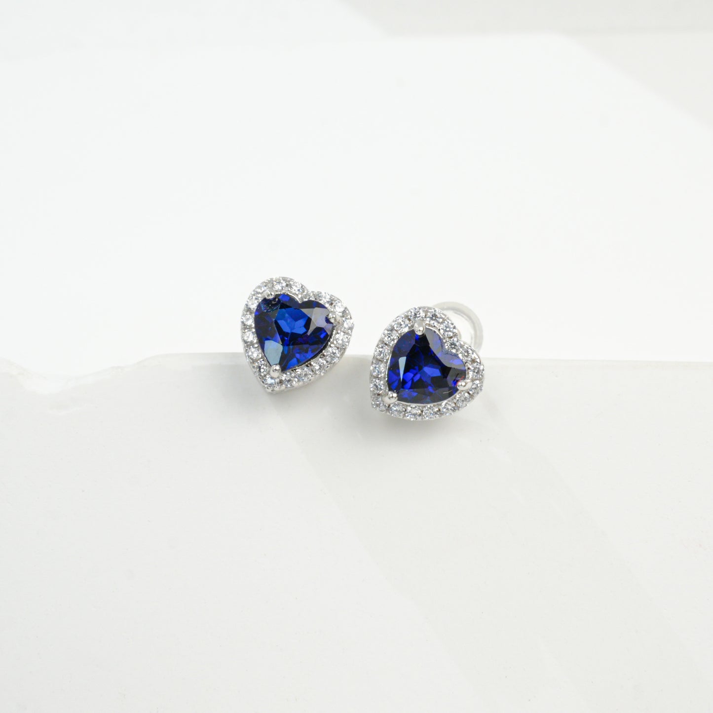 S925 Silver Heart Lab Sapphire Stud Earrings, Love Full Diamond - Photo 3