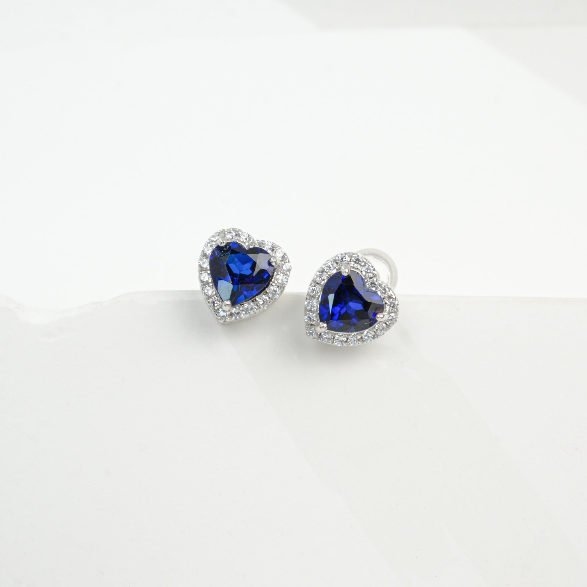 S925 Silver Heart Lab Sapphire Stud Earrings, Love Full Diamond - Photo 3