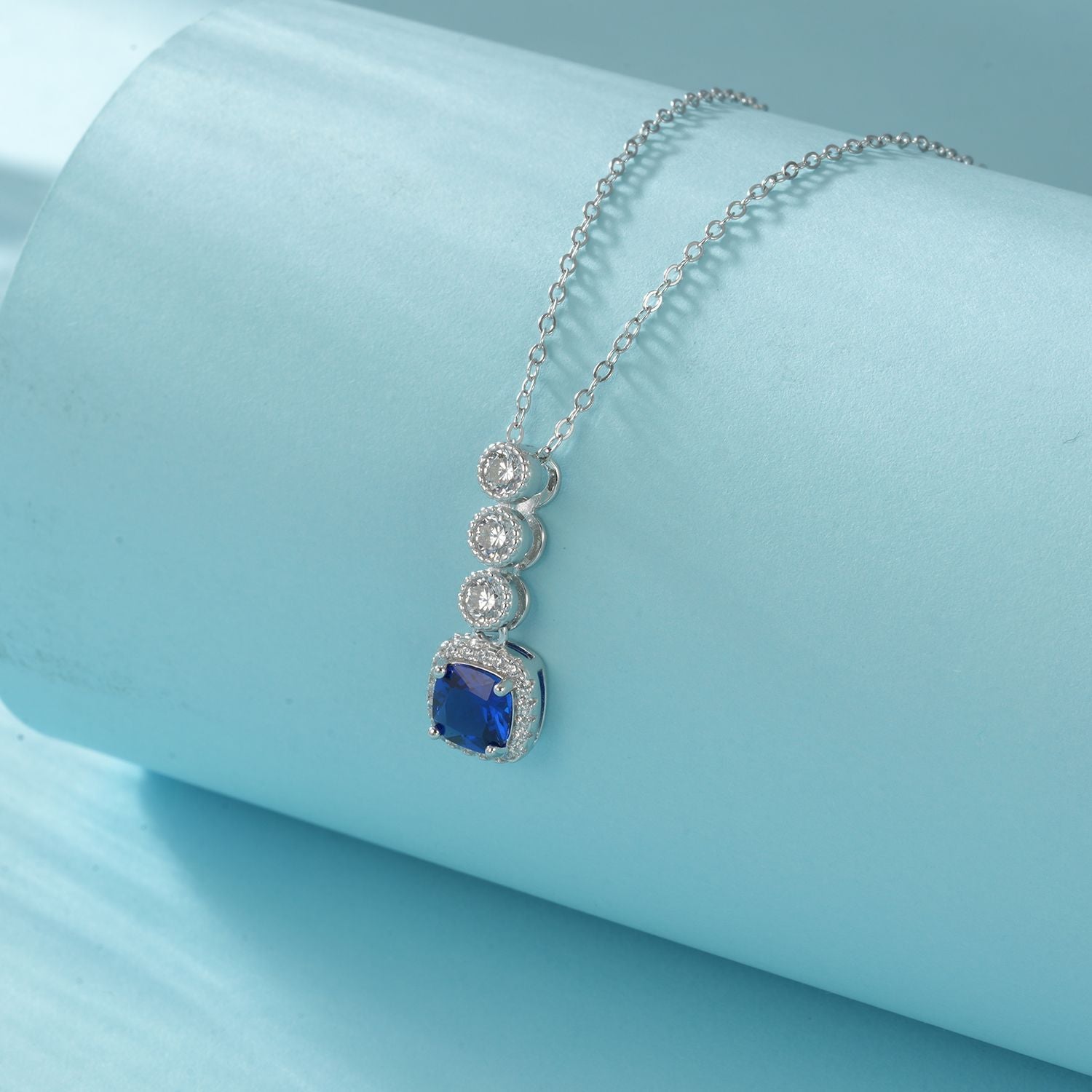 S925 Sterling Silver Royal Blue Lab Sapphire Three-Layer Round Pave Necklace, Premium for Women - Photo 6