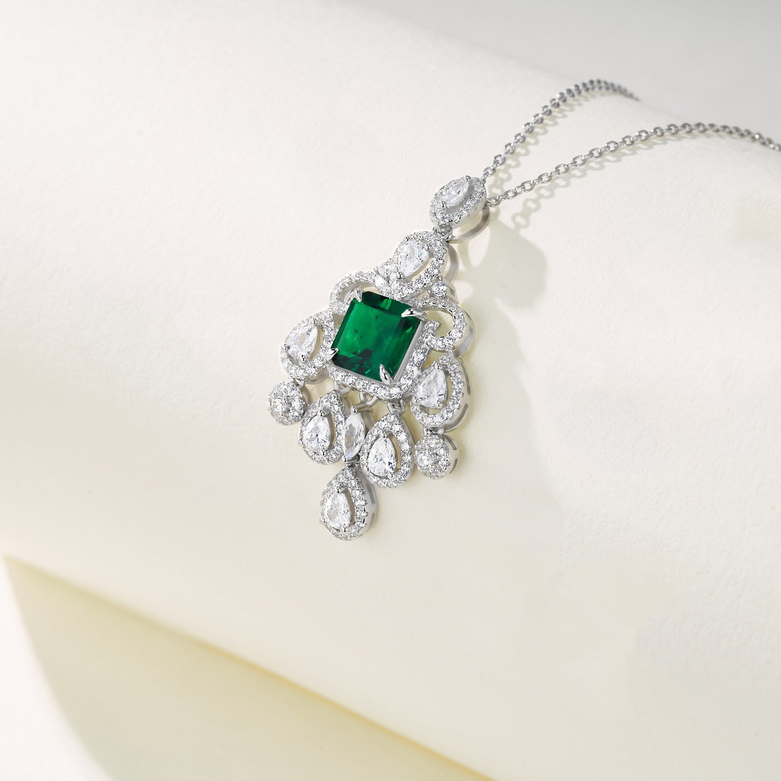 Lab Emerald S925 Necklace, Full Diamond Teardrop - Photo 2