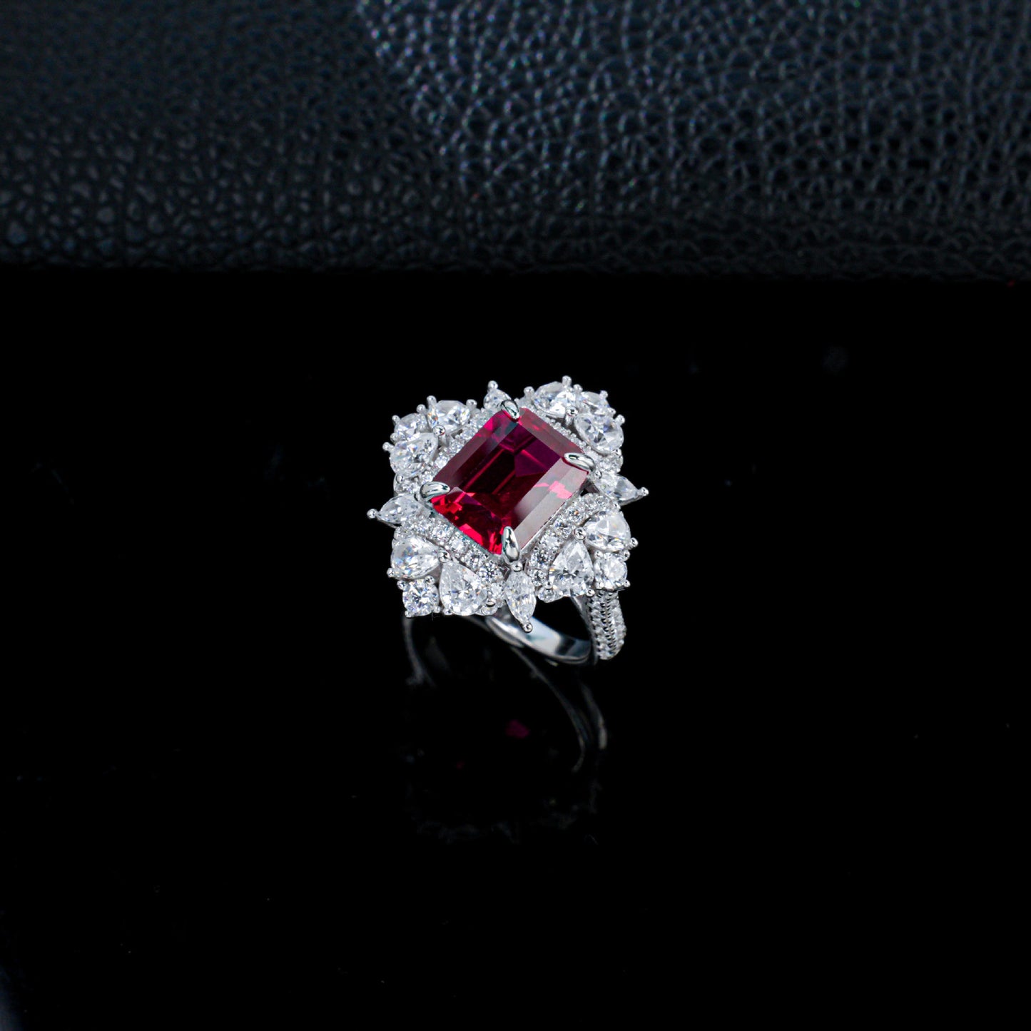 Lab Ruby Ring S925 Silver 4-Claw Diamond Flower Cluster Halo, Evening Wedding - Photo 3