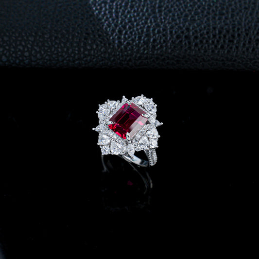 Lab Ruby Ring S925 Silver 4-Claw Diamond Flower Cluster Halo, Evening Wedding - Photo 3