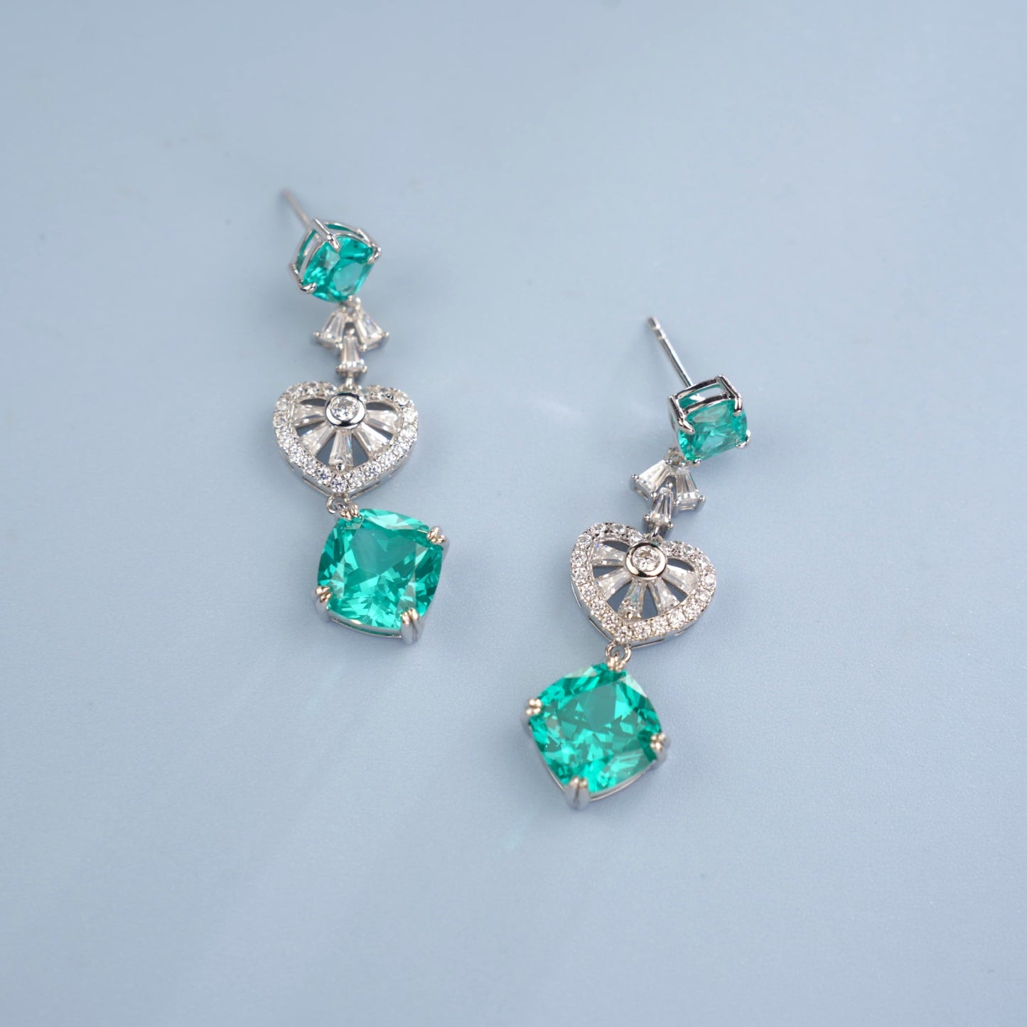 S925 Silver Lab Paraiba Tsavorite Heart Hollow Drop Long Evening Earrings - Photo 4