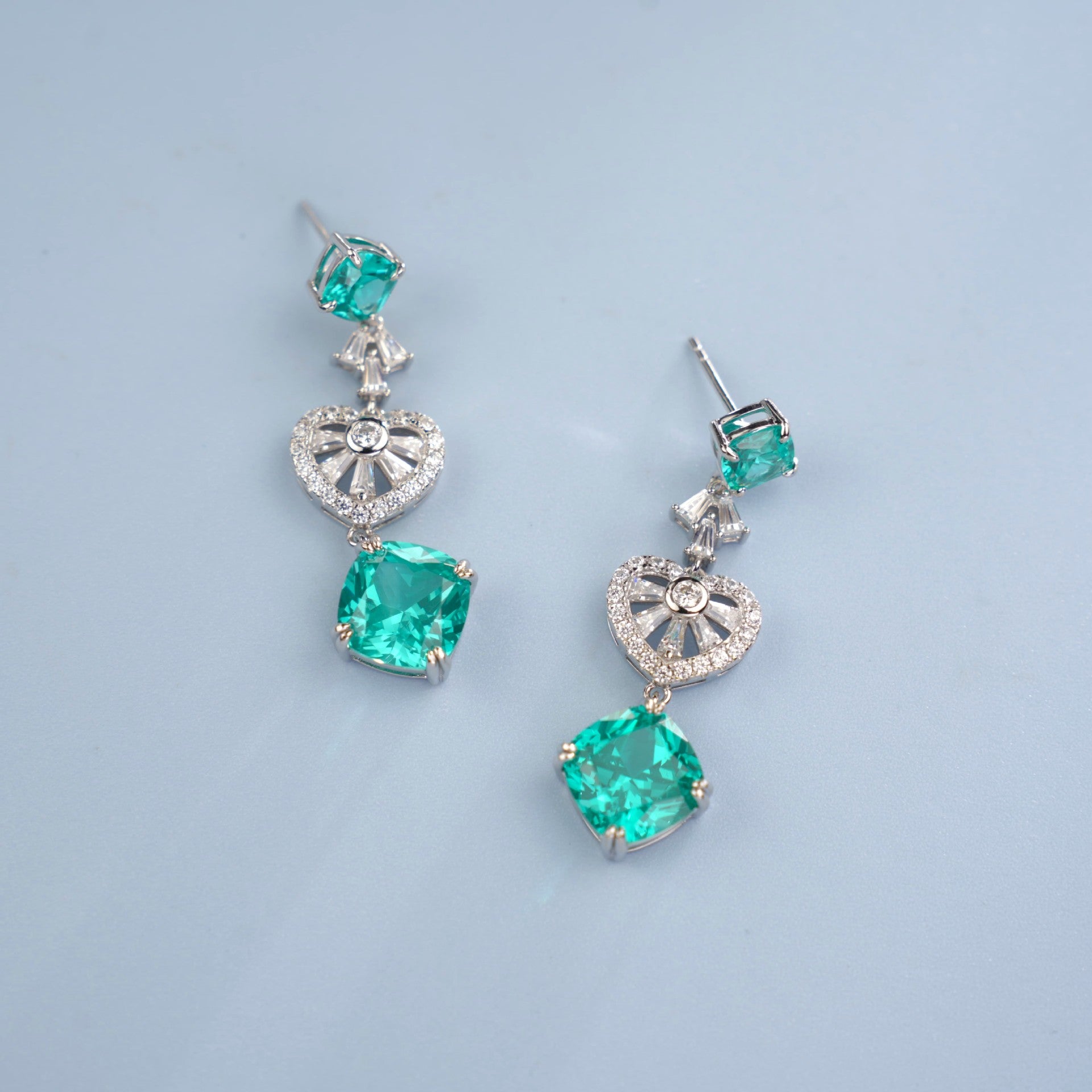 S925 Silver Lab Paraiba Tsavorite Heart Hollow Drop Long Evening Earrings - Photo 4