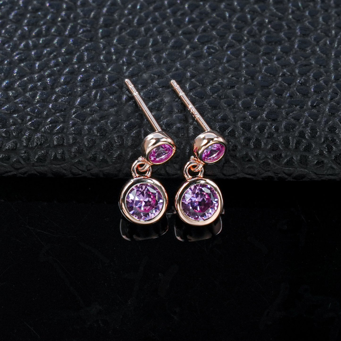 S925 Silver Double Round Bezel Pink Sapphire Stud Earrings, Rose Gold - Photo 2