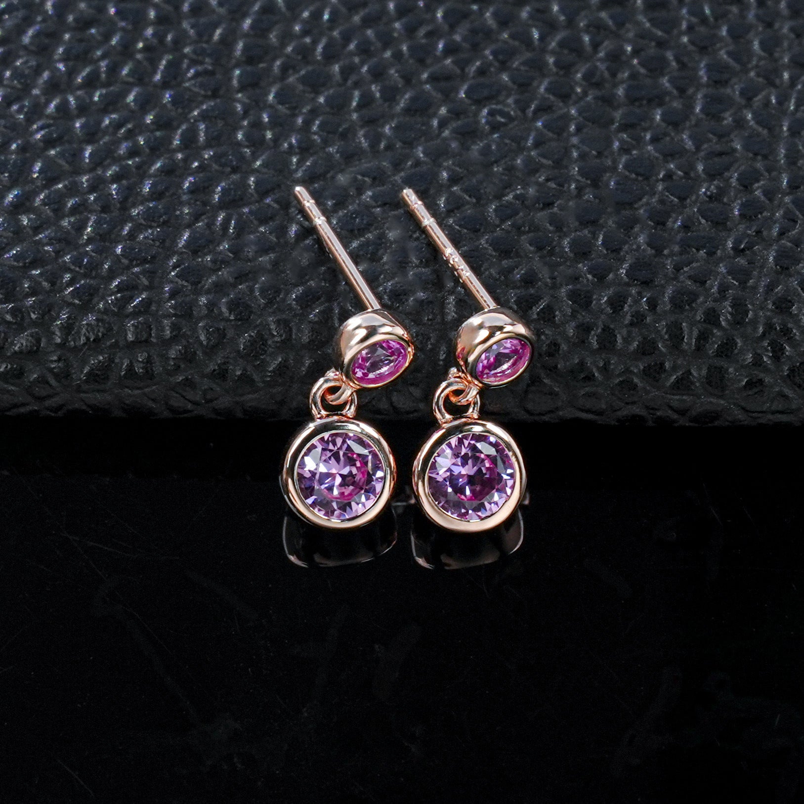 S925 Silver Double Round Bezel Pink Sapphire Stud Earrings, Rose Gold - Photo 2