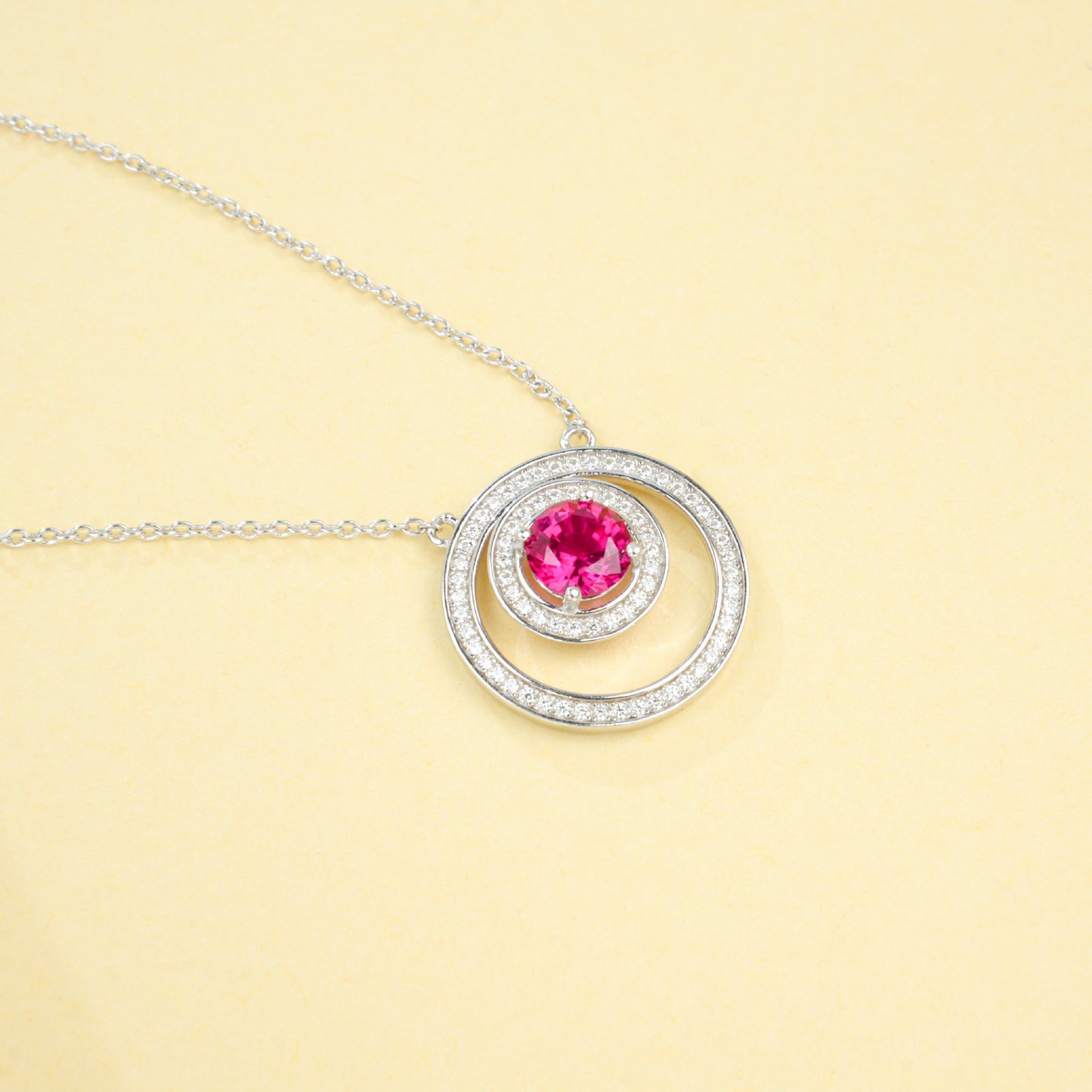 S925 Sterling Silver Lab Ruby Double-Ring Halo Pendant Necklace, Premium Jewellery - Photo 4
