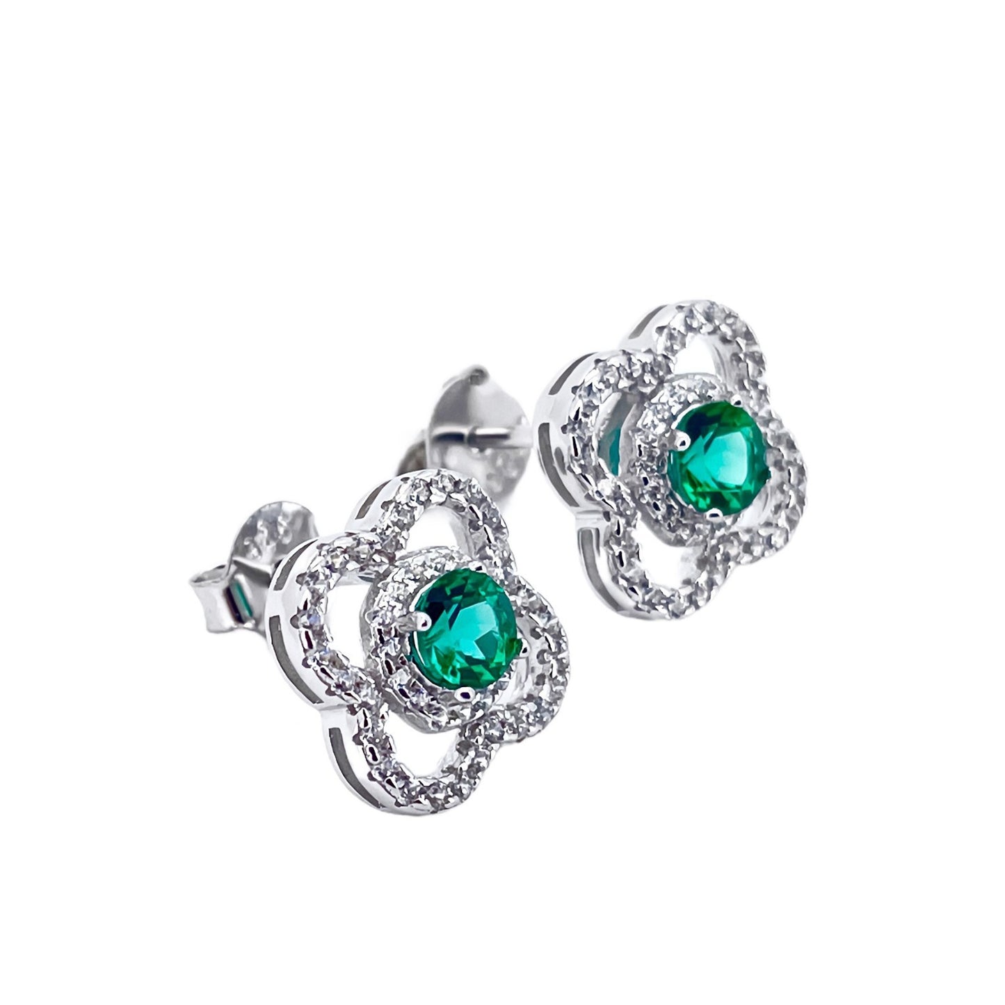 Lab Emerald S925 Silver Stud Earrings, Flower Vintage Premium - Photo 5