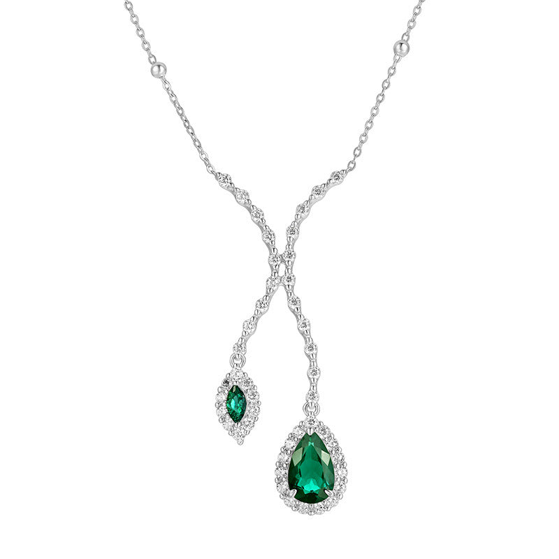 S925 Sterling Silver Emerald Double Teardrop Full Diamond Necklace, Premium Choker Versatile - Photo 5