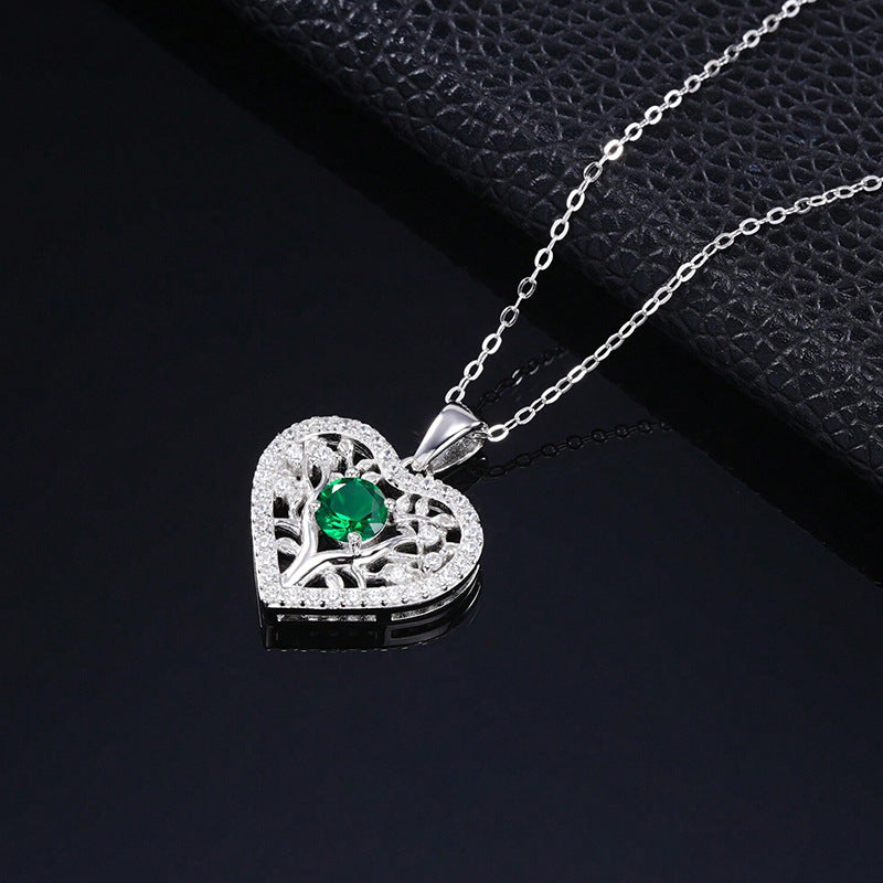 S925 Sterling Silver coloured Gemstone Heart Tree of Life Necklace, Hollow Round Diamond - Photo 3