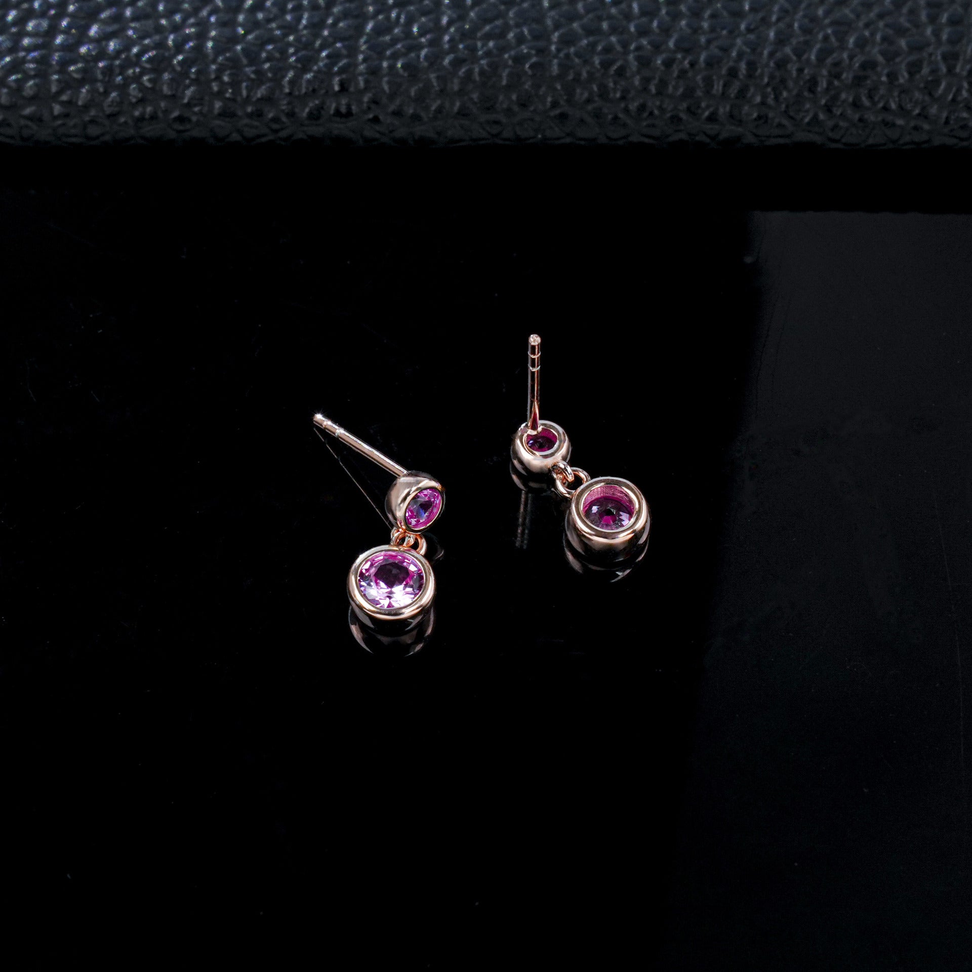 S925 Silver Double Round Bezel Pink Sapphire Stud Earrings, Rose Gold - Photo 4