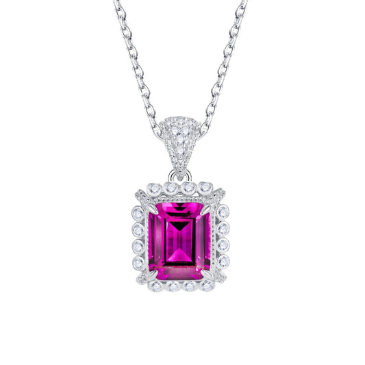 S925 Sterling Silver Lab Ruby Emerald-Cut Pendant Choker Necklace, Premium - Photo 5