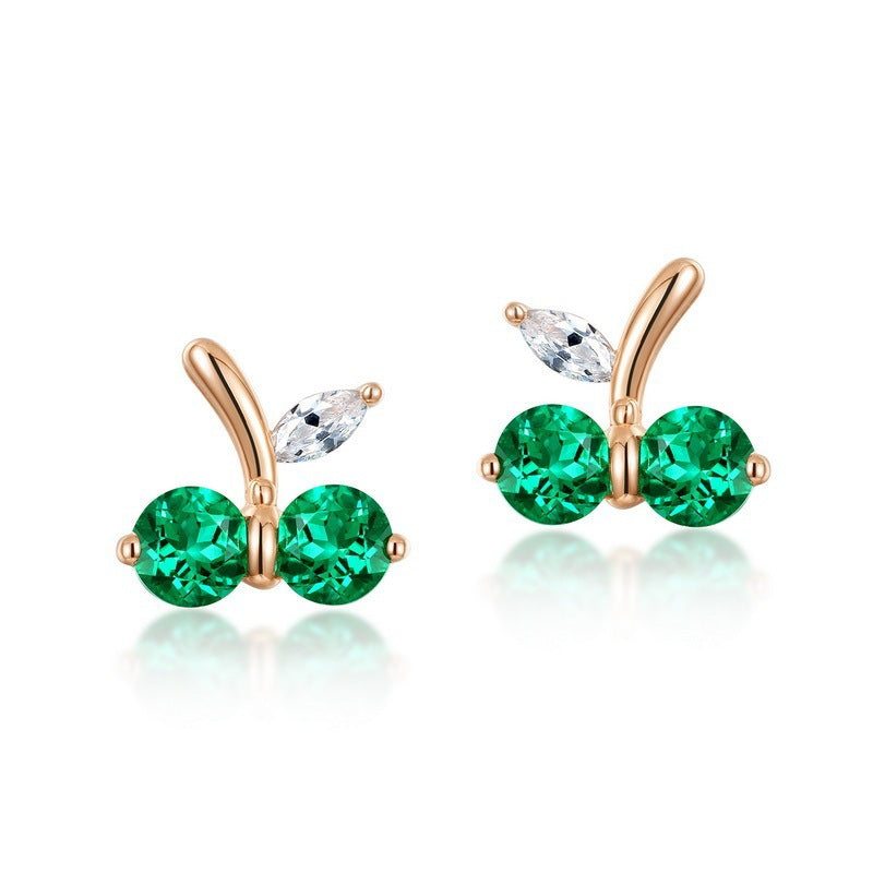S925 Sterling Silver Lab Emerald Cherry Stud Earrings, Delicate Spring Versatile - Photo 5
