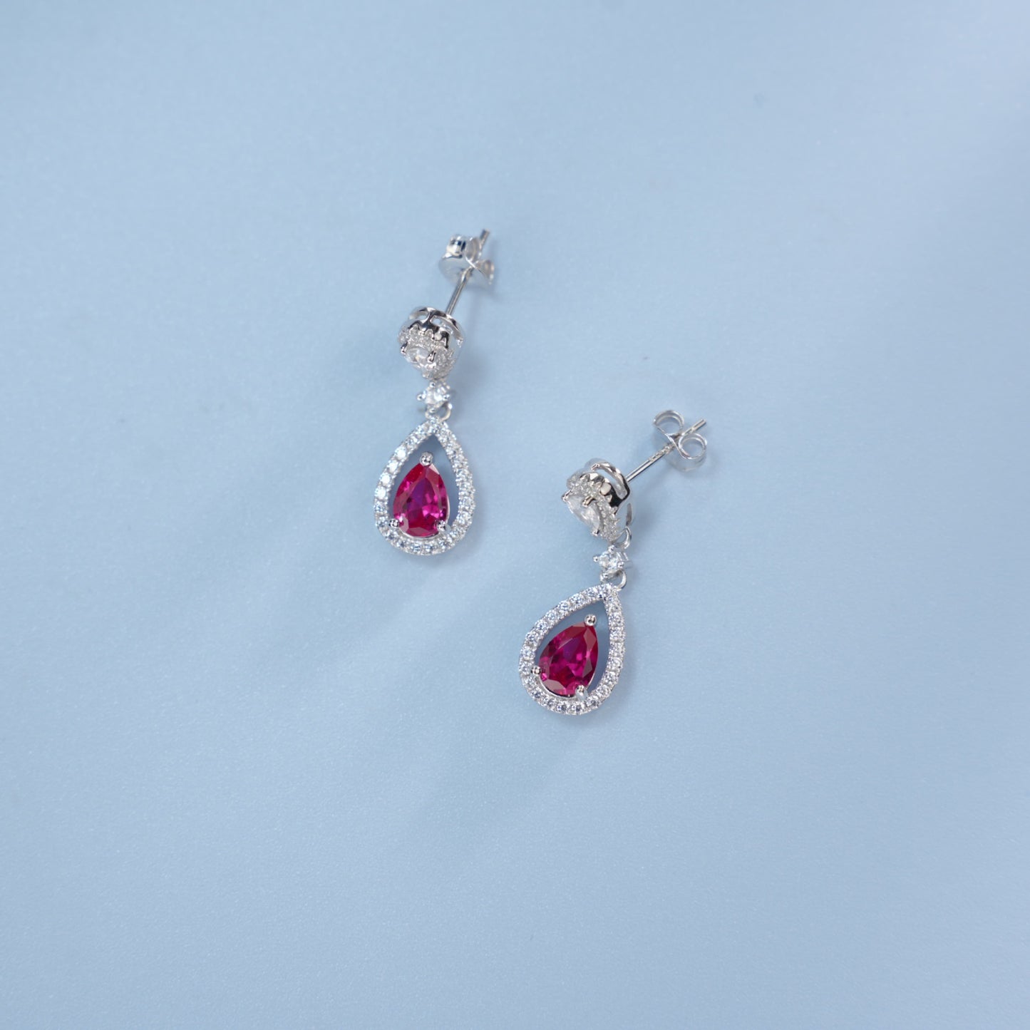 S925 Sterling Silver Lab Ruby Teardrop Full Diamond Earrings - Photo 4