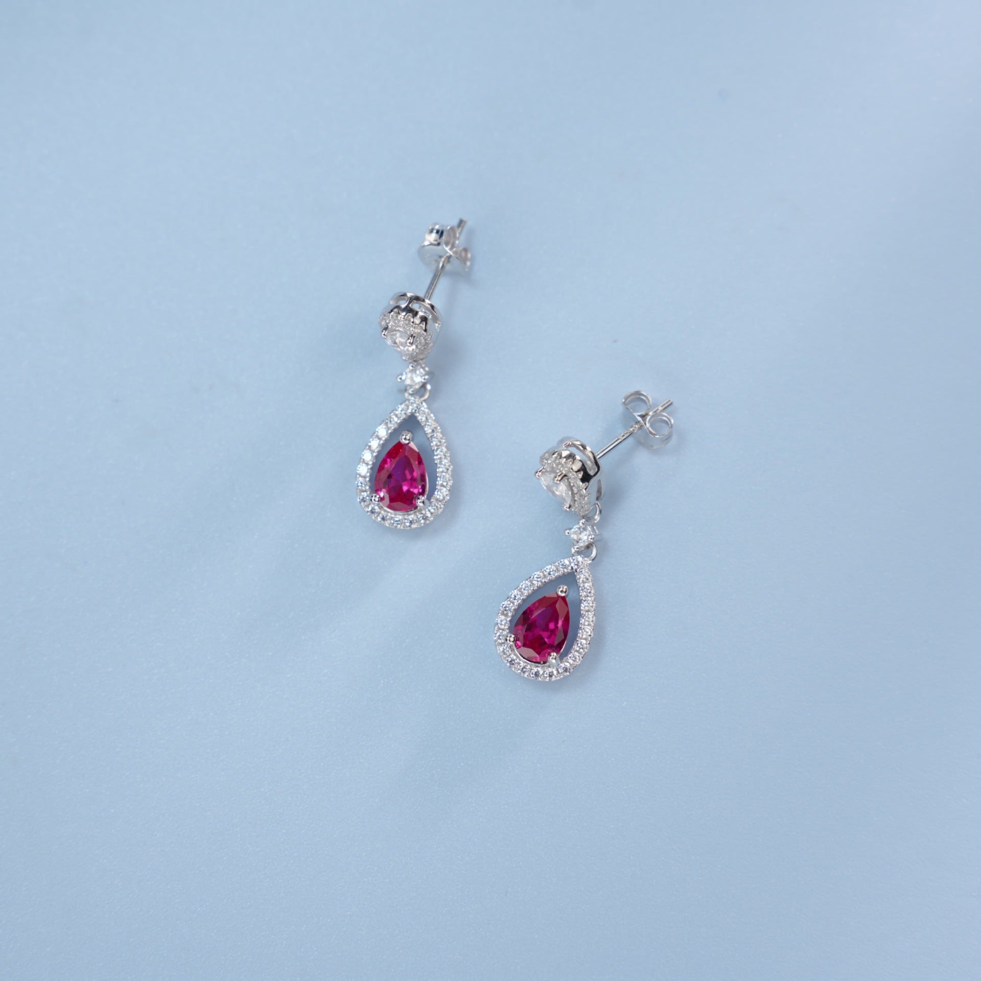 S925 Sterling Silver Lab Ruby Teardrop Full Diamond Earrings - Photo 4