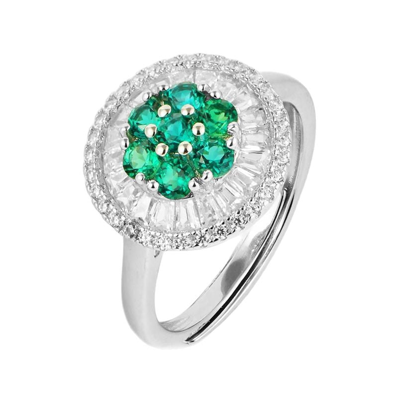 S925 Silver Cluster Emerald Flower Ring, Diamond, Vintage - Photo 5