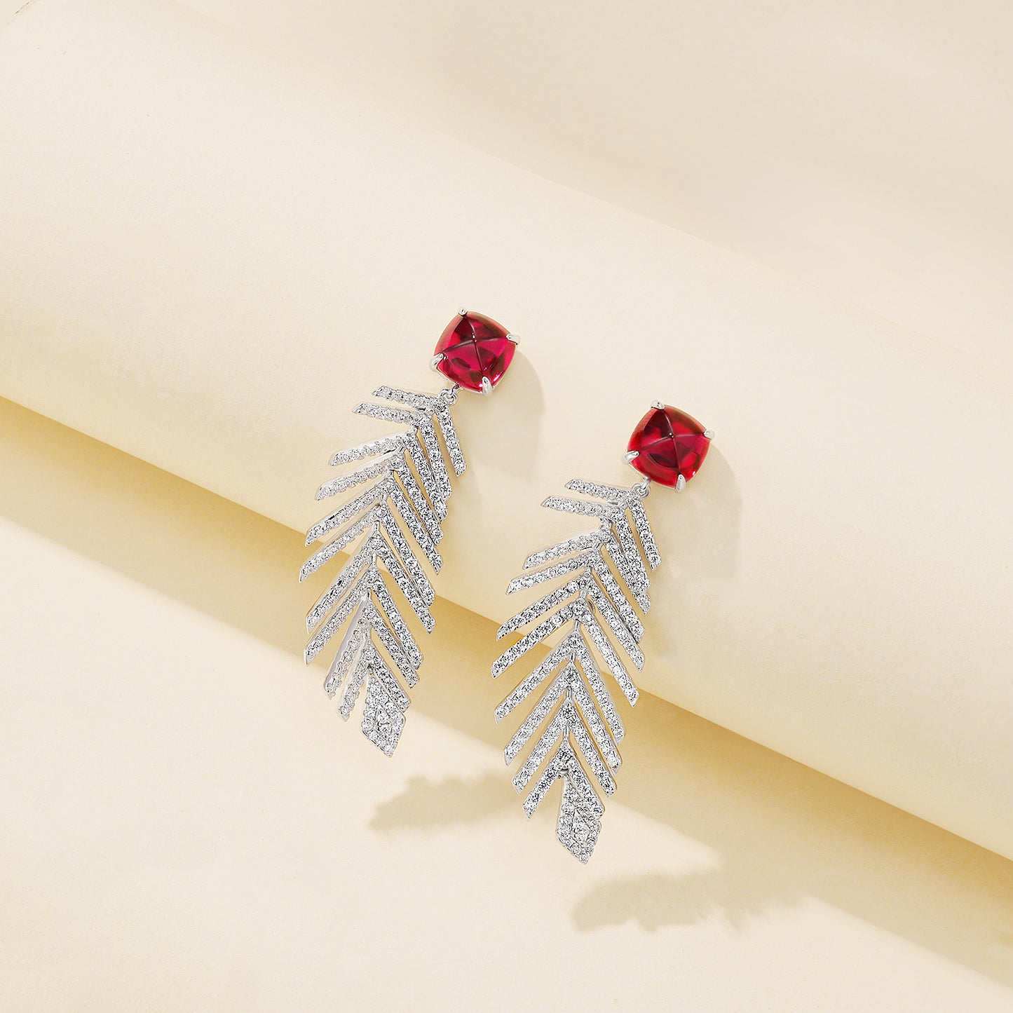 S925 Sterling Silver Sugarloaf-Cut coloured Gemstone Feather Earrings, Evening for Women - Photo 2