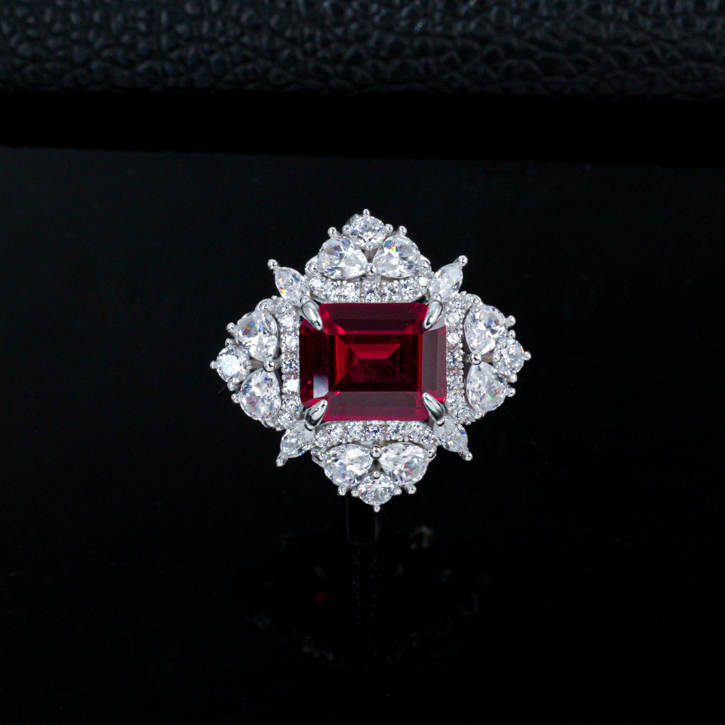 Lab Ruby Ring S925 Silver 4-Claw Diamond Flower Cluster Halo, Evening Wedding - Photo 2