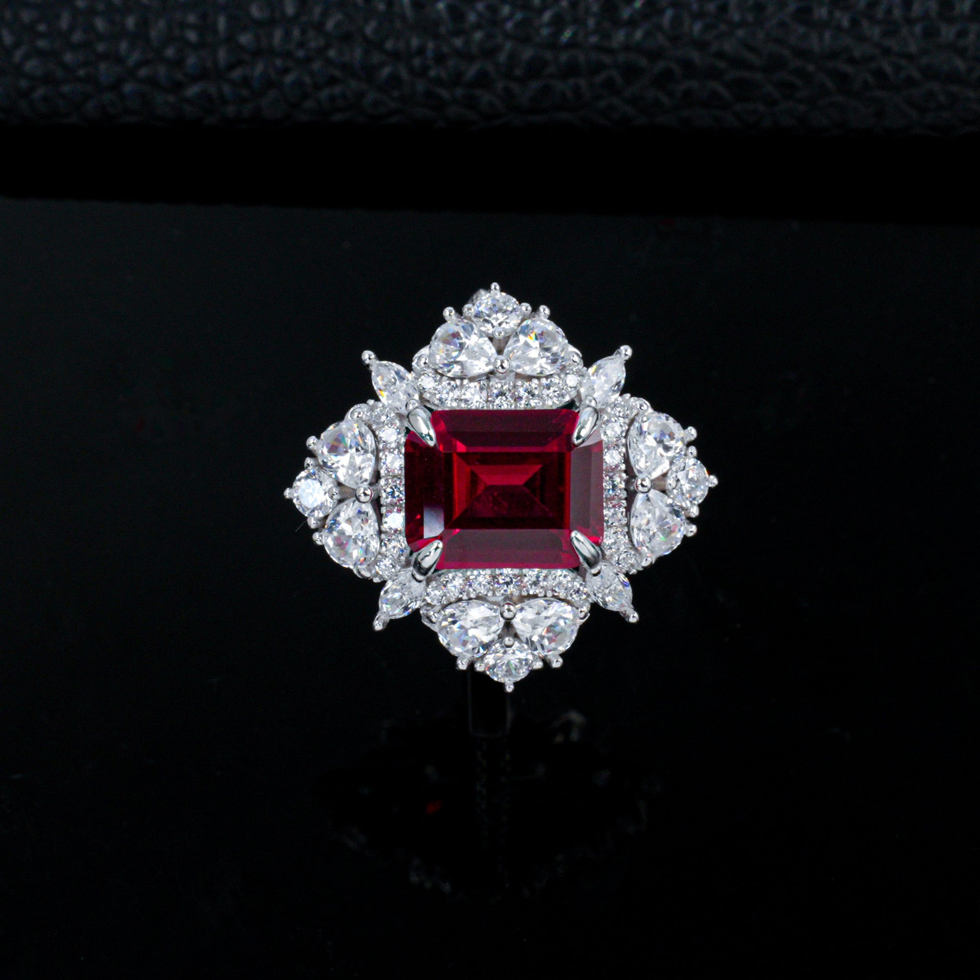 Lab Ruby Ring S925 Silver 4-Claw Diamond Flower Cluster Halo, Evening Wedding - Photo 2