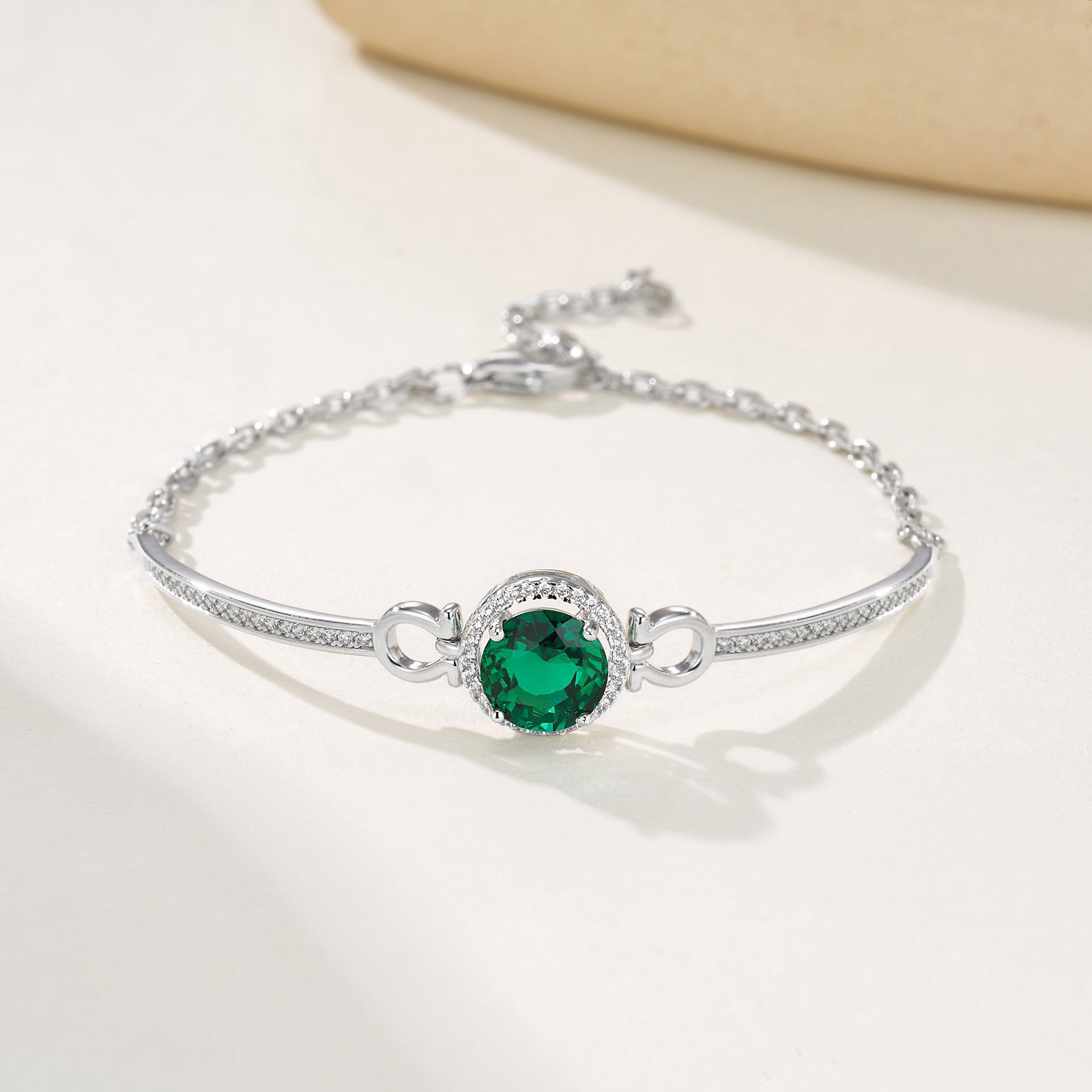 S925 Sterling Silver Round Halo Emerald Bracelet, Simple Versatile - Photo 3