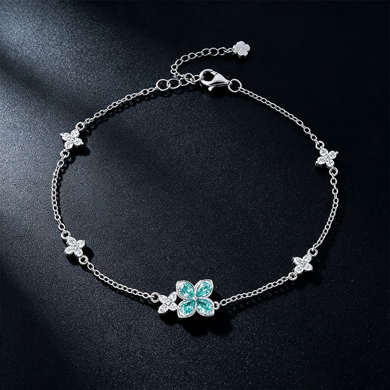 S925 Silver Four-Leaf Clover Paraiba Tsavorite Bracelet, Full Diamond Flower - Photo 3