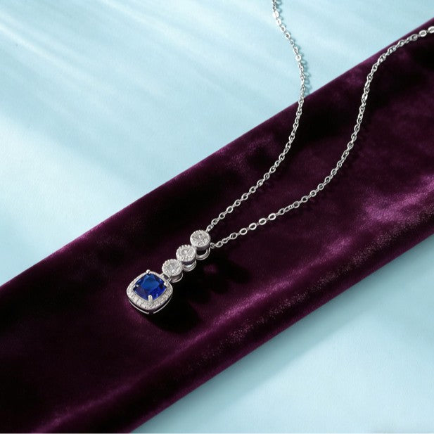 S925 Sterling Silver Royal Blue Lab Sapphire Three-Layer Round Pave Necklace, Premium for Women - Photo 3