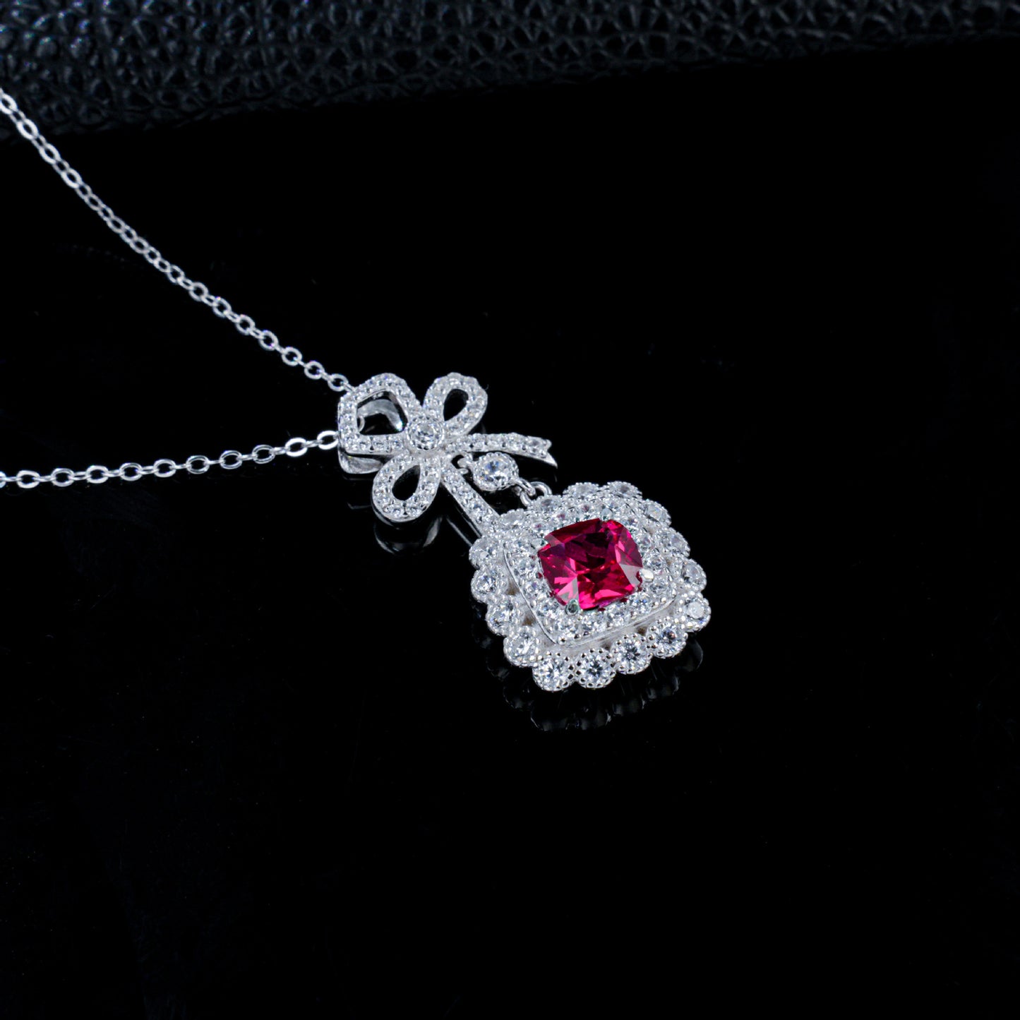 Lab Ruby Sugarloaf Pendant S925 Rhodium-Plated Bow, Choker Necklace - Photo 3