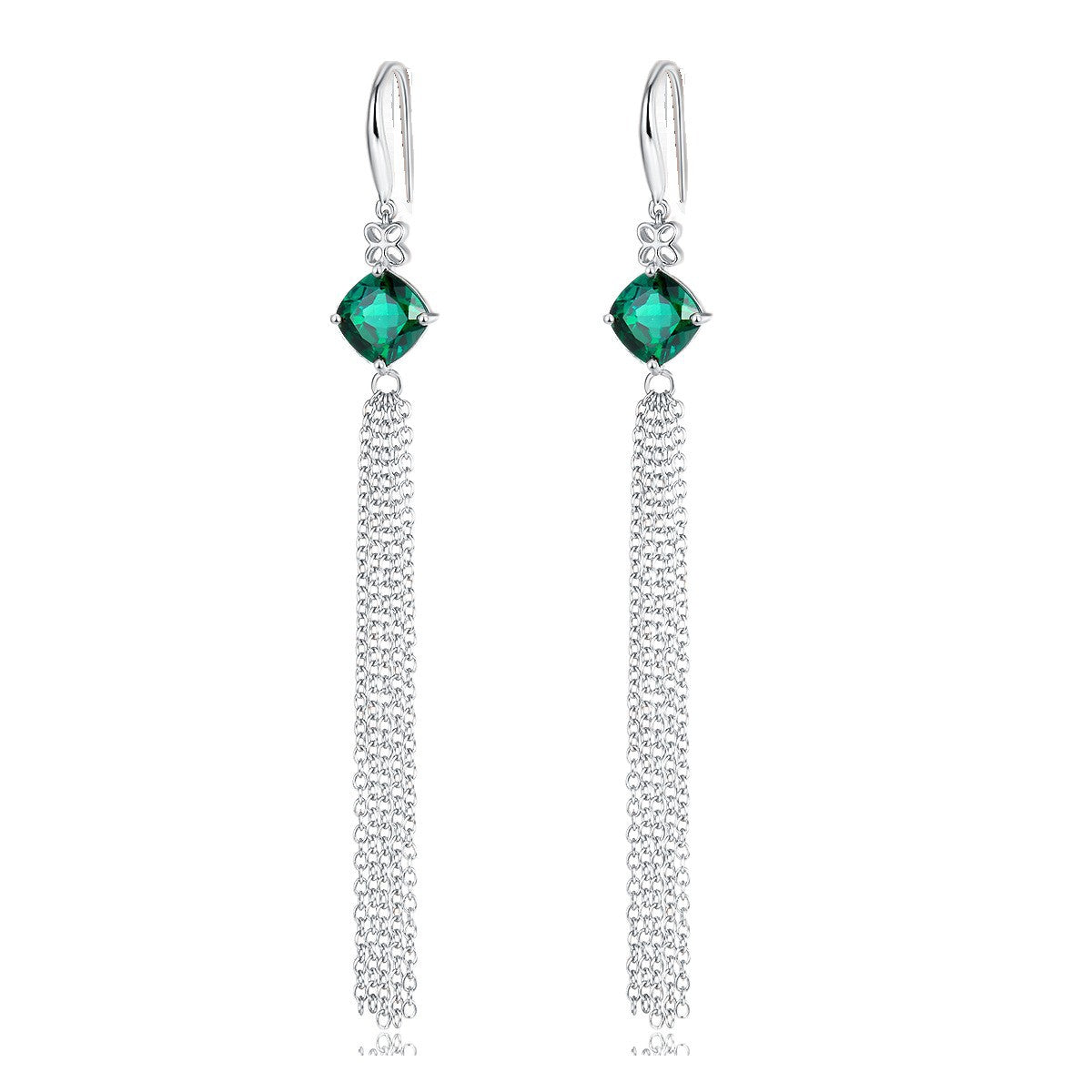 S925 Sterling Silver Lab Emerald Long Tassel Drop Earrings, Premium - Photo 5