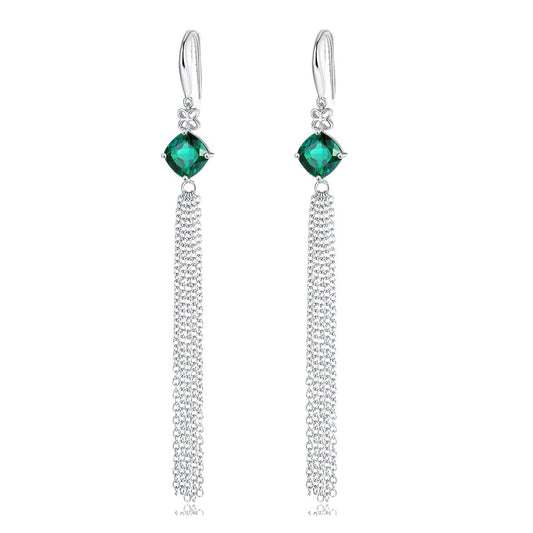 S925 Sterling Silver Lab Emerald Long Tassel Drop Earrings, Premium - Photo 5