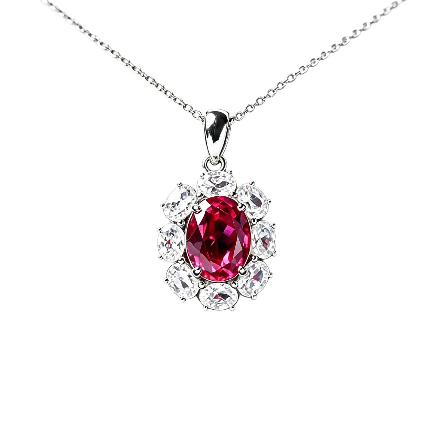 S925 Silver Oval Lab Ruby Sunflower Diamond Necklace - Photo 5