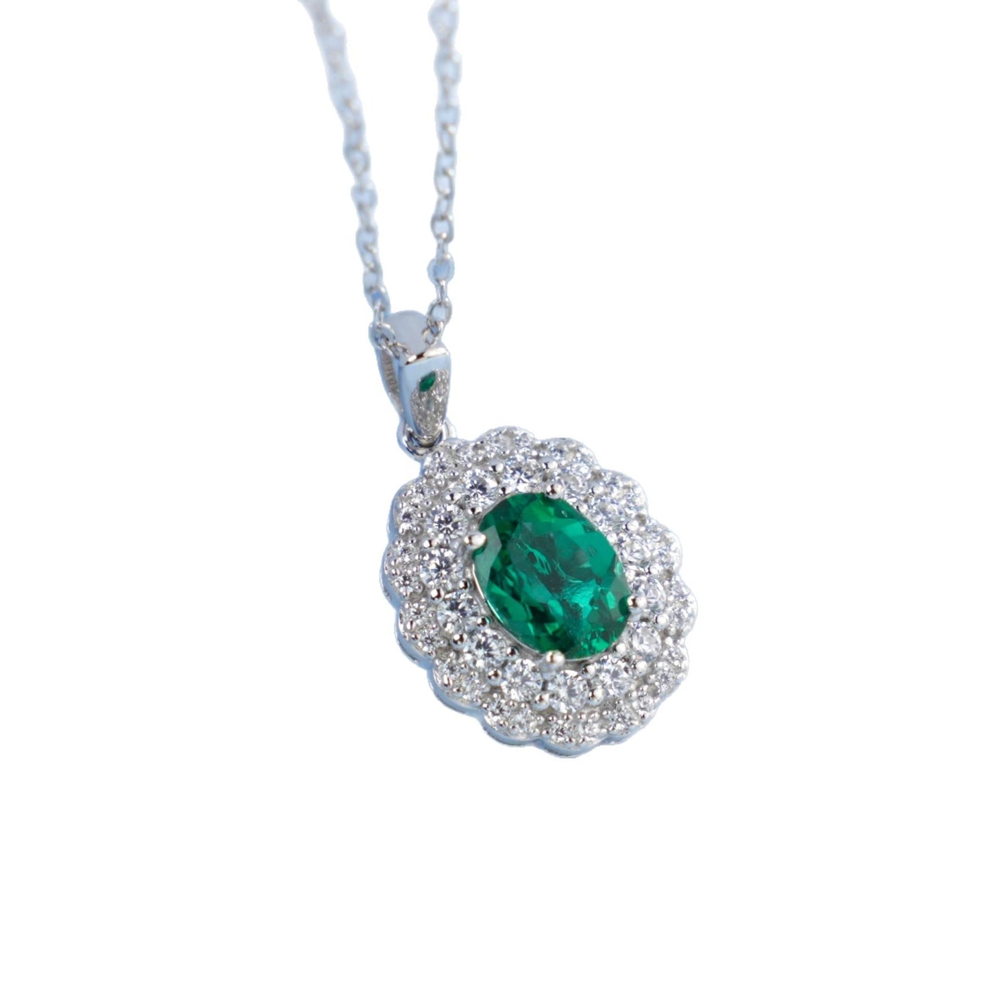 S925 Sterling Silver Oval Lab Emerald Pendant Necklace, Vintage Designer Premium for Women - Photo 5